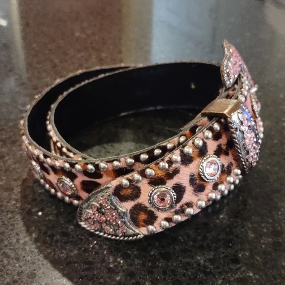 LEATHERROCK | Pink 🩷 Leopard Calf Hair Rhinestone Embellished Cowgirl Belt